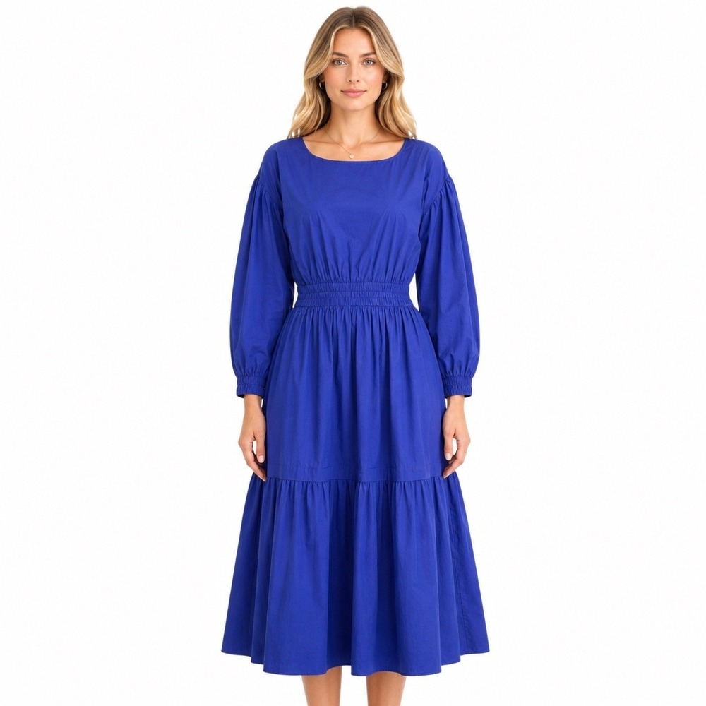 Apiece Apart Estrella Dress XS Blue Organic Cotton Long Sleeve Midi Dress